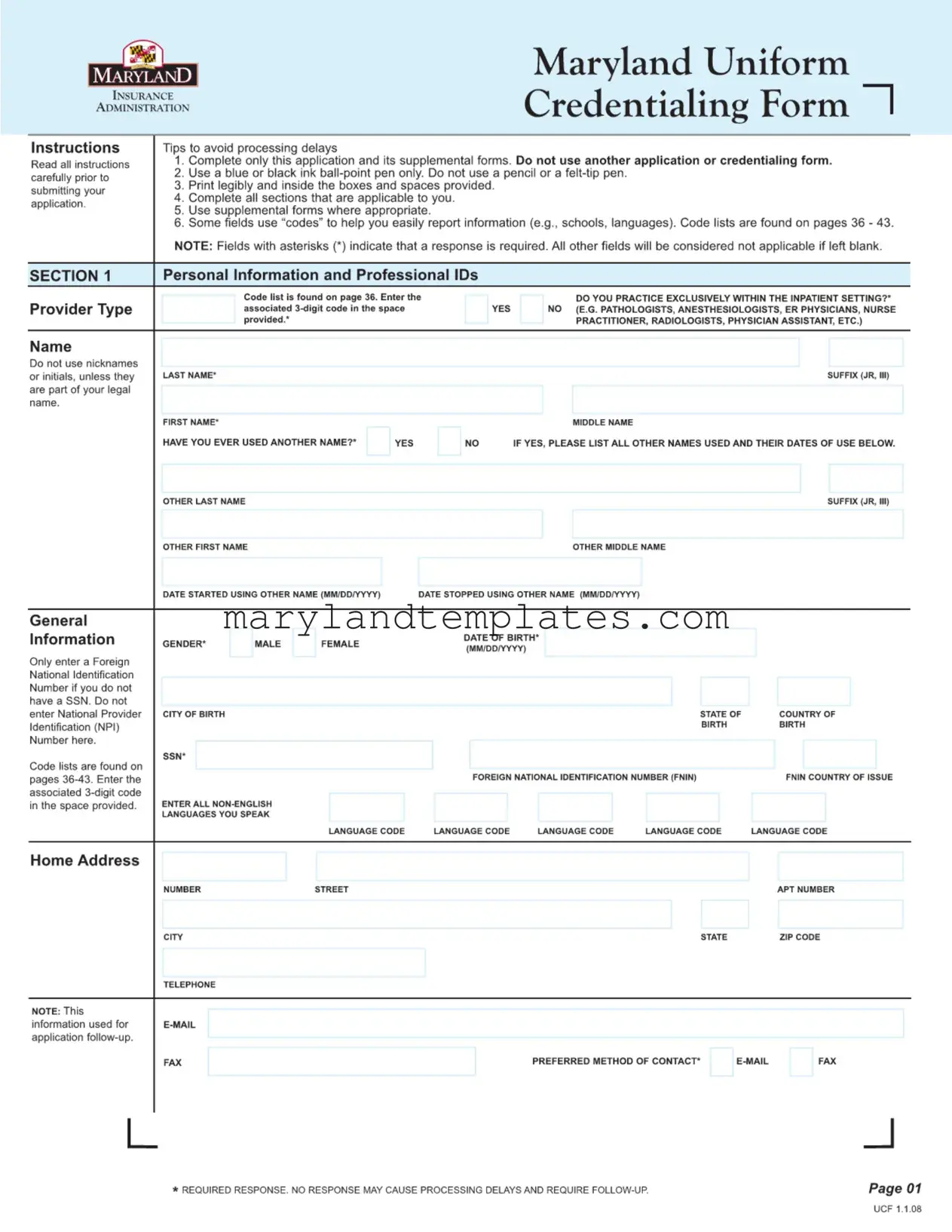 Printable Maryland Uniform Credentialing Template