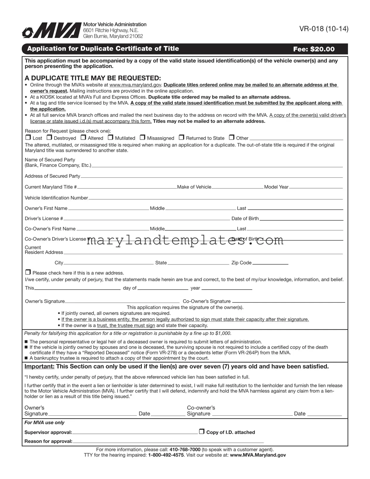 Printable Maryland Vr 018 Template