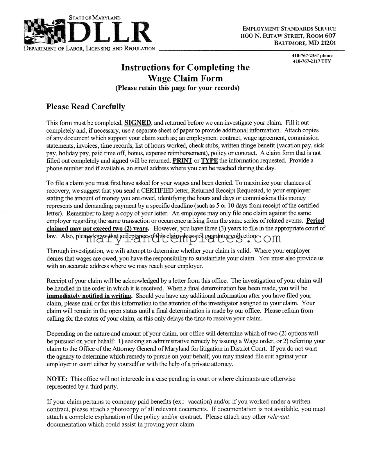 Printable Maryland Wage Claim Template