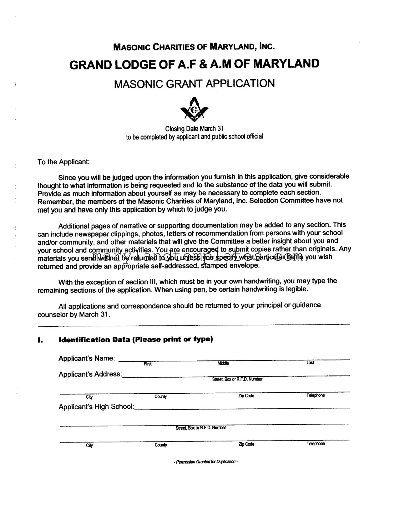 Printable Masonic Lodge Scholarship Application Maryland Template