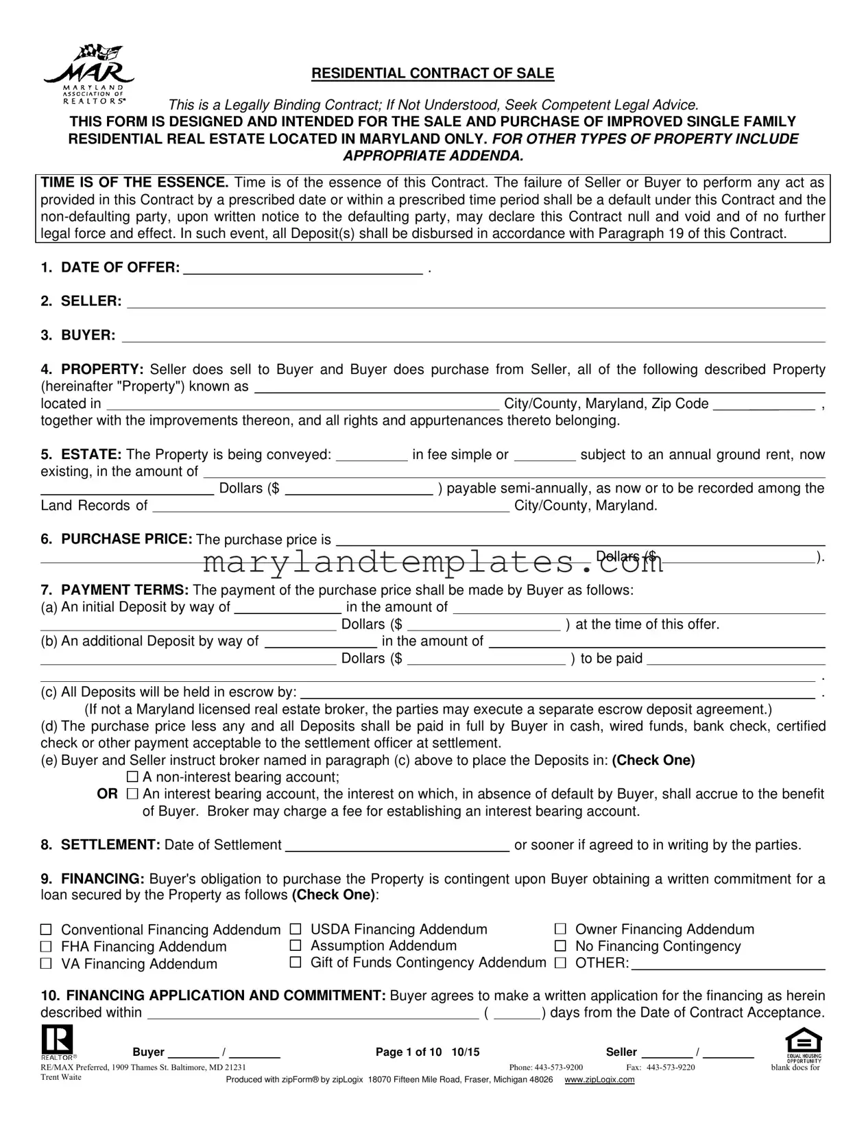 Printable Real Estate Sales Agreement In Maryland Template