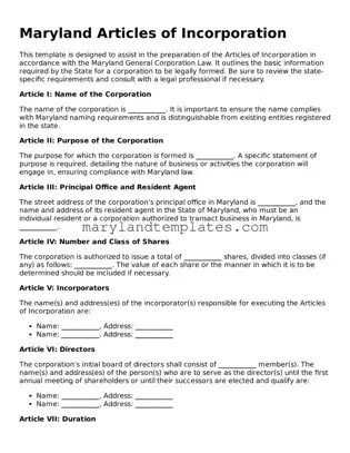 Fillable Maryland Articles of Incorporation Template