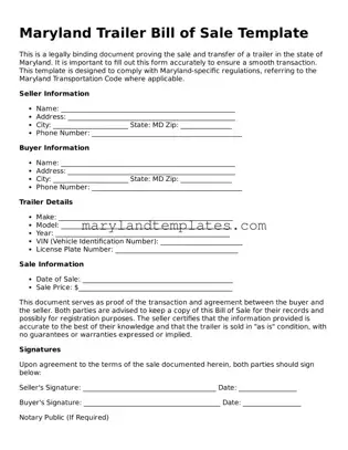 Fillable Maryland Trailer Bill of Sale Template