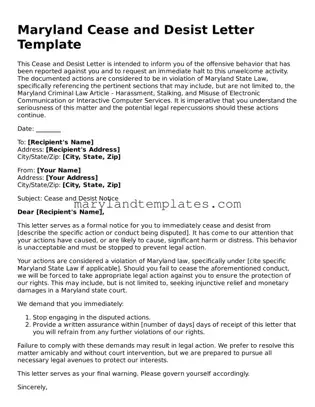Fillable Maryland Cease and Desist Letter Template