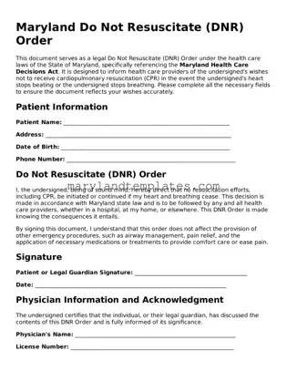 Fillable Maryland Do Not Resuscitate Order Template