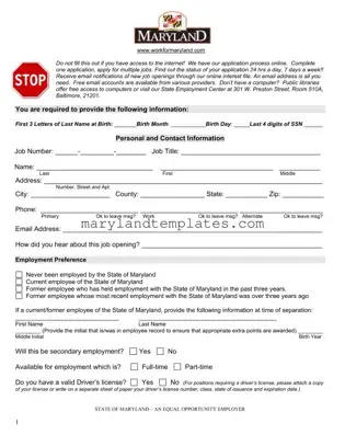 Printable Maryland Employment Application Template