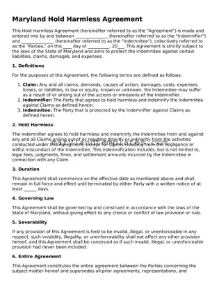 Fillable Maryland Hold Harmless Agreement Template