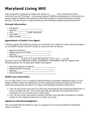 Fillable Maryland Living Will Template