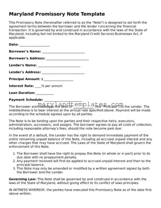 Fillable Maryland Promissory Note Template