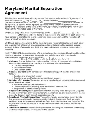 Fillable Maryland Marital Separation Agreement Template