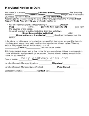 Fillable Maryland Notice to Quit Template