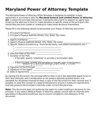 Fillable Maryland Power of Attorney Template