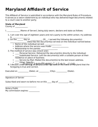 Fillable Maryland Affidavit of Service Template