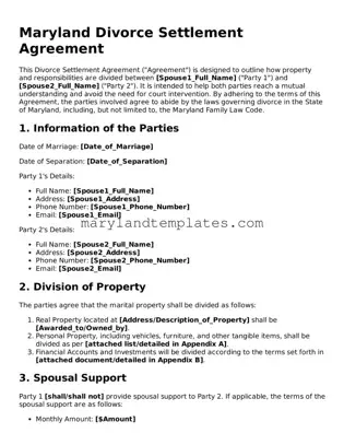 Fillable Maryland Divorce Settlement Agreement Template