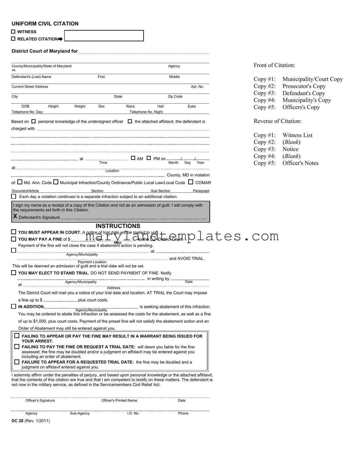 Printable Were Is The Citation Number On A Maryland Civil Citation Template